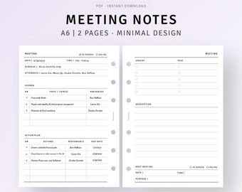 A6, Meeting Minutes Printable Minimalist Work Planner, Meeting Agenda, Project Agenda Template, Business Office Planner, Discussion Notes