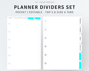 Pocket Planner Dividers Set Printable Side Top Tabs, Planner Dashboards Template, Agenda Cover Page Index Label, Fillable Custom Page Marker