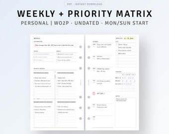 Personal, Undated Weekly Planner Printable with Priority Matrix, WO2P, Productivity Planner Pdf, Weekly Template Sheet, Weekly Agenda Refill