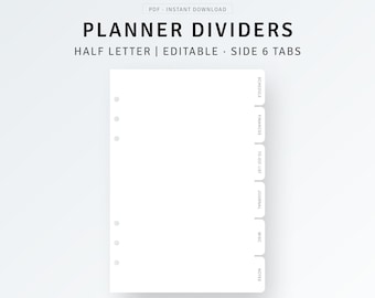 Half Size | Planner Dividers Printable, Editable Planner Dashboard Templates, Custom Page Marker, Side 6 Tabs Index Label, Ring Binder Cover