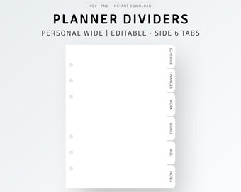 Planner Dividers Personal Wide Printable | PDF, PNG | Editable Planner Dashboard, Binder Side 6 Tabs, Custom Index Finder, DIY Page Marker