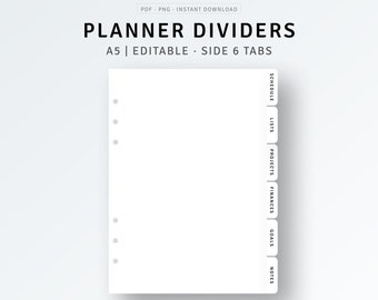 A5 Planner Dividers Printable | PDF, PNG | Editable Side Tabs Template, Page Finder, Planner Dashboard, Index Label, Ring Binder Inserts