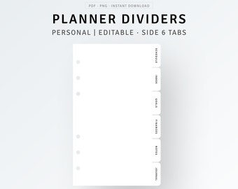 Printable Personal Size Planner Dividers Template | PDF, PNG | Editable Planner Cover Dashboard, Side 6 Tabs, DIY Index Finder, Page Marker