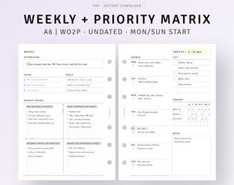 Weekly + Priority Matrix Planner A6 Inserts Printable Undated Weekly Planner Pages, WO2P, Productivity Planner, Weekly Overview Template