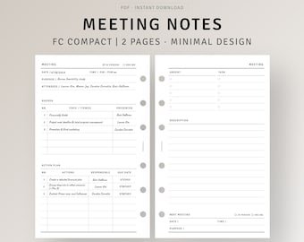 Meeting Notes Template FC Compact Printable Work Planner for Business, Meeting Minutes, Project Agenda Progress Tracker, Discussion Notes