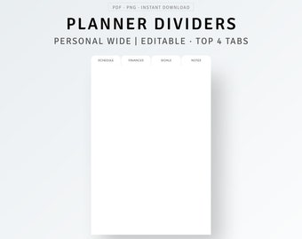 Planner Dividers Personal Wide Printable | PDF, PNG | Editable Planner Dashboard, Custom Index Finder, Planner Top 4 Tabs, DIY Page Marker