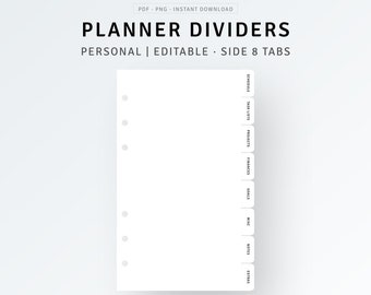 Personal Planner Dividers Printable Template, PDF, PNG, Editable Planner Dashboard, Side 8 Tabs Cover, Index Finder, Custom Page Marker