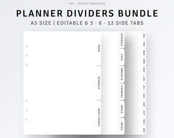 Planner Dividers A5 Printable | PDF, PNG | Editable Side Tab Template, Custom Planner Dashboard, A5 Size Binder, DIY Monthly Index Label