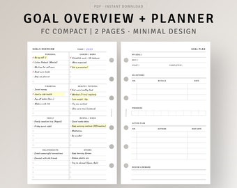 Goal Planner FC Compact Size Printable, Life Goal Setting Template, Goal Challenge Action Tracker, Vision Board, Project Organizer PDF