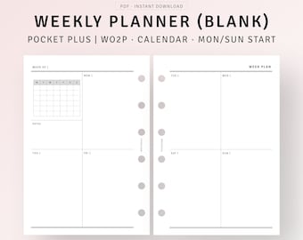 Puede incluir: Un planificador semanal en blanco y negro con el texto "WEEKLY PLANNER (BLANK)" en la parte superior. El planificador está diseñado para una libreta de bolsillo y tiene un diseño de calendario con un inicio de lunes/domingo. El planificador tiene una sección para notas y una sección para cada día de la semana.