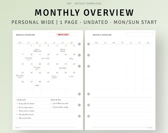 Personal Inserts : Undated Planner Monthly Calendar Monthly - Etsy