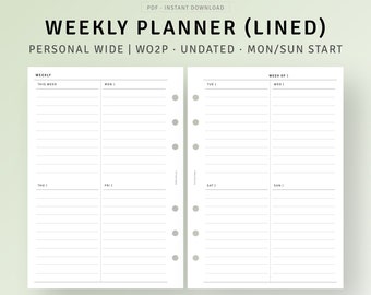 Personal Wide, Minimalist Weekly Planner Inserts Printable, Weekly Agenda Organizer, Lined Notes, Undated Weekly Journal, Week on Two Pages