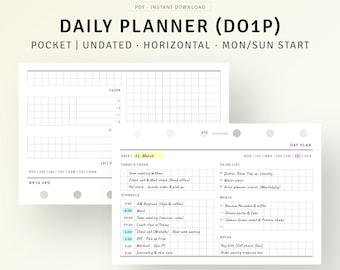 Undated Daily Planner Pocket Size Inserts Printable Hobo Style Daily Agenda Template, Productivity Planner, Horizontal Schedule Organizer