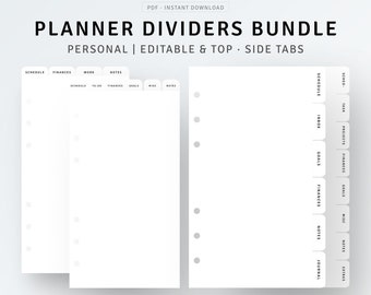 Personal, Editable Planner Divider Bundle, PDF, PNG, Fillable Side Top Tabs Template Printable, Custom Planner Dashboard, DIY Index Label