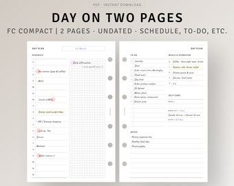 Día en 2 páginas FC compacto imprimible, programador diario por horas, organizador de agenda diaria sin fecha, planificador de productividad, notas de cuadrícula, lista de tareas pendientes
