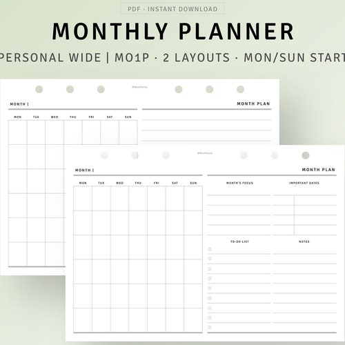 Month on One Page MO1P Personal Wide Undated Monthly Planner - Etsy