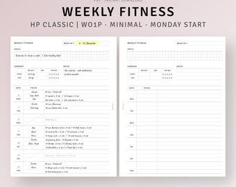 May include: A printable weekly fitness planner with a minimalist design. The PDF download includes sections for goals, summary, and a detailed workout schedule. The planner features the text "WEEKLY FITNESS" and "HP CLASSIC | WO1P | MINIMAL | MONDAY START".