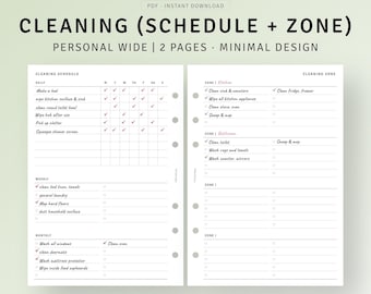 May include: A printable cleaning schedule and zone planner with a minimalist design. The schedule includes daily, weekly, and monthly tasks. The zone planner includes sections for the kitchen, bathroom, and other areas of the home.