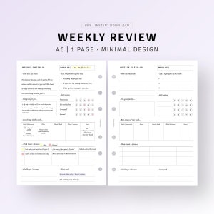 May include: A printable A6 weekly review planner with a minimalist design. The planner features sections for weekly check-in, top highlights, self-care, things you are grateful for, best things of the week, work goals, challenges, and lessons. The planner is designed for use with a disc bound system.