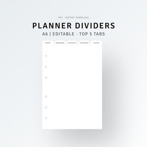 Peut inclure: Modèle de séparateur de planificateur imprimable A6 avec cinq onglets intitulés "Aujourd'hui", "Rappel", "Horaire", "Suivi" et "Notes".