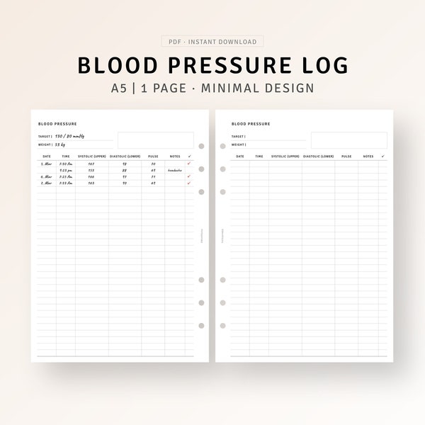 Blutdruck-Log druckbare A5-Planer-Einlagen, tägliche Blutdruck-Tracker-Diagramm, BD-Tracking-Vorlage, medizinische Vitals-Tracker-Bogen