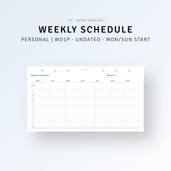 Personal, Weekly Hourly Schedule Planner Printable Week on One Page, Weekly Agenda Organizer, Time Blocking Template, Weekly Layout Refills