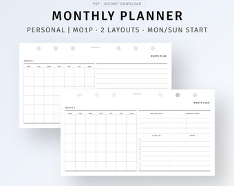 Planificador personal mensual imprimible con calendario en blanco, vista general del mes, lista de tareas mensuales en formato horizontal, descarga instantánea