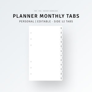 Pessoal | Divisores mensais do planejador para impressão, PDF, PNG, fichário mensal com 12 guias laterais, modelo de divisórias editáveis, localizador de página de índice preenchível