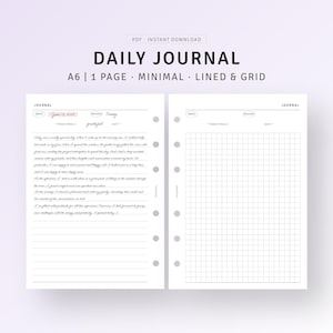 以下が含まれることがあります： A6 サイズの罫線ページとグリッドページ付きの印刷可能なデイリージャーナルテンプレート。罫線ページには、2024 年 6 月 13 日の日付と「Today was a」と「grateful」という単語を含むサンプルジャーナルエントリがあります。グリッドページには「TODAY WAS A」と「DATE」という単語があります。