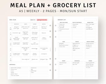 A5, Weekly Meal Planner with Grocery List Printable Daily Meal Prep Planner, Simple Food Tracker, Health Fitness Template, Digital Download