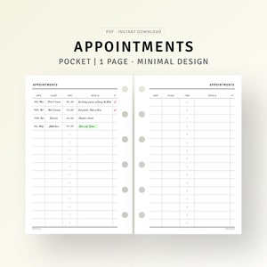 Appointments Tracker Pocket Planner Inserts, Doctor&#39;s Meeting Appointments, Booking List, Beauty Appointments Reminder, Meeting Schedule