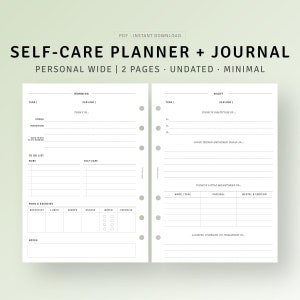 Peut inclure: Un planificateur et un journal de soins personnels au design minimaliste, imprimables. Le planificateur comprend des sections pour l'heure, la concentration, l'intention, la liste des choses &agrave; faire, le travail, les soins personnels, la nourriture et l'exercice, et des notes. Le journal comprend des sections pour l'heure, le sentiment, la gratitude, les bonnes choses qui se sont produites, les jalons, le travail/t&acirc;che, le physique, le mental et l'&eacute;motion, et l'attente du lendemain.