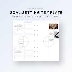 Puede incluir: Una plantilla de establecimiento de objetivos imprimible con dos versiones. El lado izquierdo presenta un círculo dividido en cuatro secciones etiquetadas como "Salud", "Finanzas", "Carrera" y "Relaciones". El lado derecho presenta un círculo dividido en cuatro secciones etiquetadas como "Crecimiento personal", "Relaciones", "Carrera" y "Finanzas".
