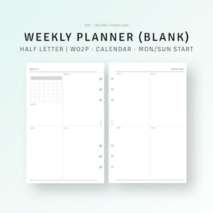 Blank Weekly Planner with Calendar Printable Half-Letter Inserts, Productivity Planner, WO2P, Weekly Agenda Organizer, Instant Download PDF