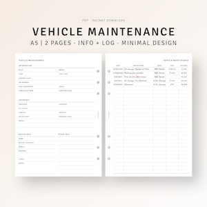 Car Maintenance Log A5 Ring Printable Vehicle Service Maintenance Tracker, Auto Mileage Journal Template, Car Repair List, Household Binder