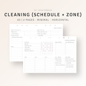 A5 Inserts, Cleaning Planner Schedule Printable Weekly Daily Cleaning Zone Tracker, Household Chore Routine Organizer, Digital Download PDF