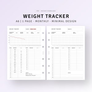 Gewichtsverliestracker Afdrukbare inzetstukken van A6, grafiek verloren kilo's, dieetgezondheidsvoortgangstracker, fitnesslogboek, dagboek, meetsjabloon