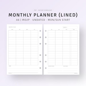 Undated Monthly Planner A6 Inserts Printable Lined Monthly Template, Month on 2 Pages, Simple Monthly Layout with Calendar, Digital Download