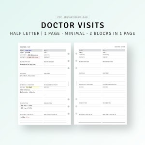 Plantillas imprimibles de seguimiento de visitas al médico, planificador médico, plantilla de citas médicas, diario de bienestar, descarga instantánea en PDF