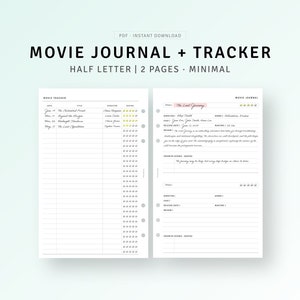 May include: A printable movie journal and tracker with two pages. The left page is a movie tracker with columns for date, title, director, rating, and notes. The right page is a movie journal with sections for title, director, cast, genre, release date, runtime, review, and favourite scenes or quotes.