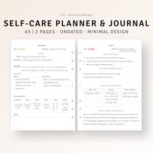 May include: A printable self-care planner and journal with a minimal design. The planner is undated and includes sections for morning and night routines. The pages are formatted with sections for focus, intention, good things, to-do list, work, self-care, food and exercise, notes, today's gratitude, good things happened today, today's little milestones, looking forward to tomorrow, and notes.