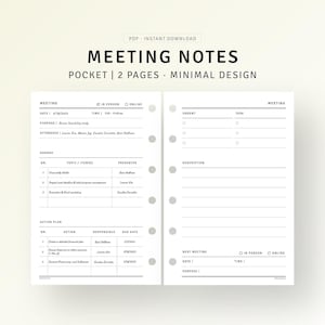 Meeting Notes Template Pocket Size Inserts Printable Project Discussion Notes, Business Work Planner,  Meeting Agenda, Instant Download PDF