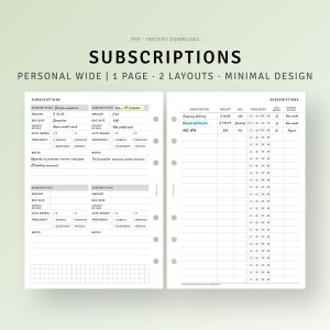 Subscription Tracker Printable Personal Wide Inserts, Payment Budget List, Membership Template, Bill Organizer, Service Subscription Log
