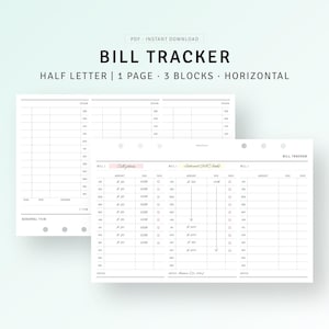Könnte beinhalten: Ein druckbarer Rechnungs-Tracker mit drei Spalten zum Verfolgen von Rechnungen. Die Spalten sind mit "Handy", "Autorent (ABC Bank)" und "Rechnung" beschriftet. Jede Spalte bietet Platz für die Verfolgung des Betrags, des Fälligkeitstermins und ob die Rechnung bezahlt wurde. Der Tracker ist für Papier im Format Halb-Briefbogen konzipiert und hat ein horizontales Layout.
