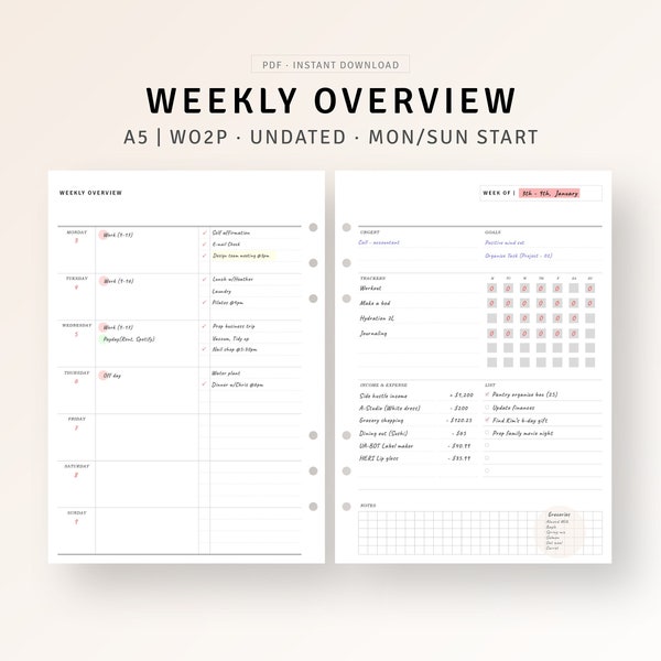 A5 Inserts Weekly Overview Planner Template Printable Undated Weekly Agenda, Weekly To do list, Vertical Weekly Spreads, Week on Two Pages