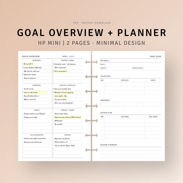 Goal Planner HP Mini Inserts Printable Goal Setting Template PDF, Productivity Planner, Yearly Goal Overview Sheet, New year Resolution