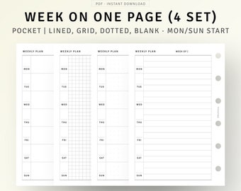 May include: A white planner insert with four different weekly layouts: lined, grid, dotted, and blank. The text at the top reads "WEEK ON ONE PAGE (4 SET)" and "POCKET | LINED, GRID, DOTTED, BLANK • MON/SUN START". Each layout includes space for each day of the week.