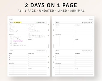 Planificador diario imprimible sin fecha, 2 días en 1 página, tamaño A5, organizador de agenda, lista de tareas pendientes, 2D1P, resumen de horario simple, descarga instantánea