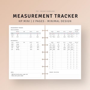Könnte beinhalten: Ein druckbarer Mess-Tracker für einen HP Mini-Planer. Der Tracker enthält Abschnitte für Ziele, Messungen, Notizen und Belohnung/Reflexion. Der Tracker ist minimalistisch gestaltet.
