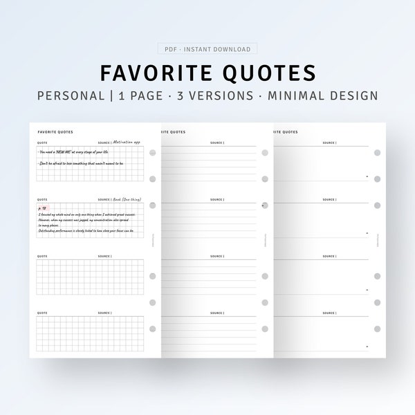 Personal, Favorite Quotes Template Printable Positive Mindset Quotes Log, Book Quotes Journal, Best Quotes Tracker, Movie Quotes Planner